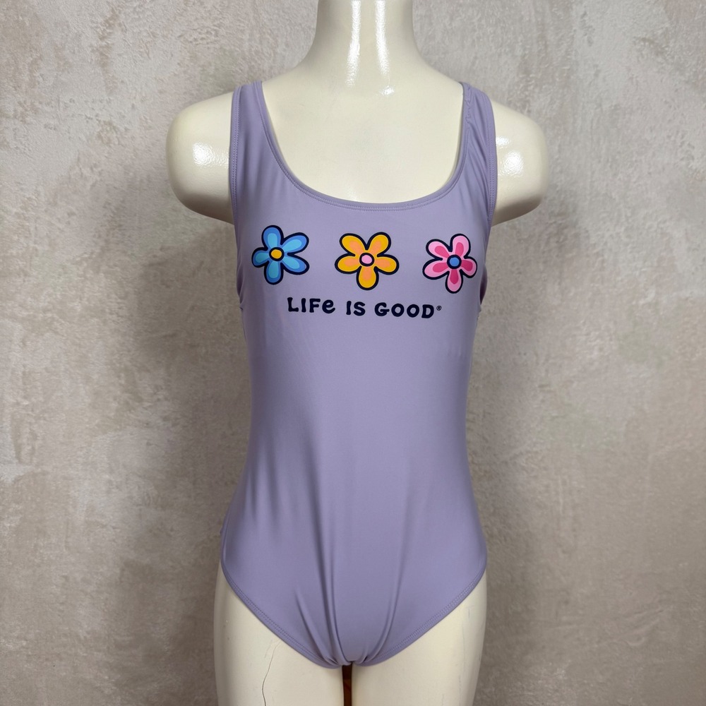 Life is Good Womens Lavender Daisy Graphic Lace Up Back Swimsuit Purple Large